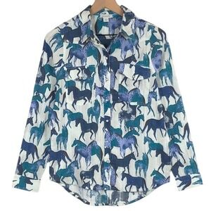 SUNDANCE Horse Print Western Snap Button Cotton Shirt Womens XS Blue Long Sleeve